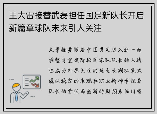 王大雷接替武磊担任国足新队长开启新篇章球队未来引人关注 王大雷接替武磊担任国足新队长开启新篇章球队未来引人关注
